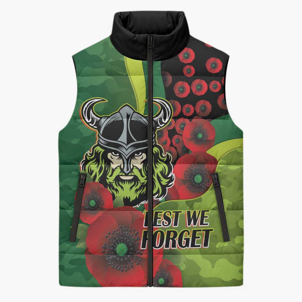 Canberra Raiders ANZAC Personalised Sleeveless Puffer Jacket Lest We Forget Poppy Camo