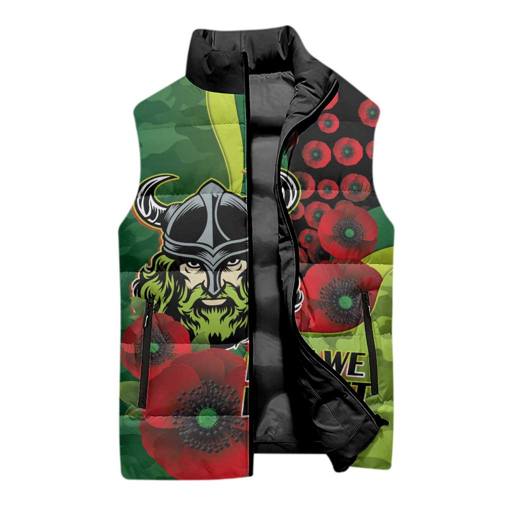 Canberra Raiders ANZAC Personalised Sleeveless Puffer Jacket Lest We Forget Poppy Camo
