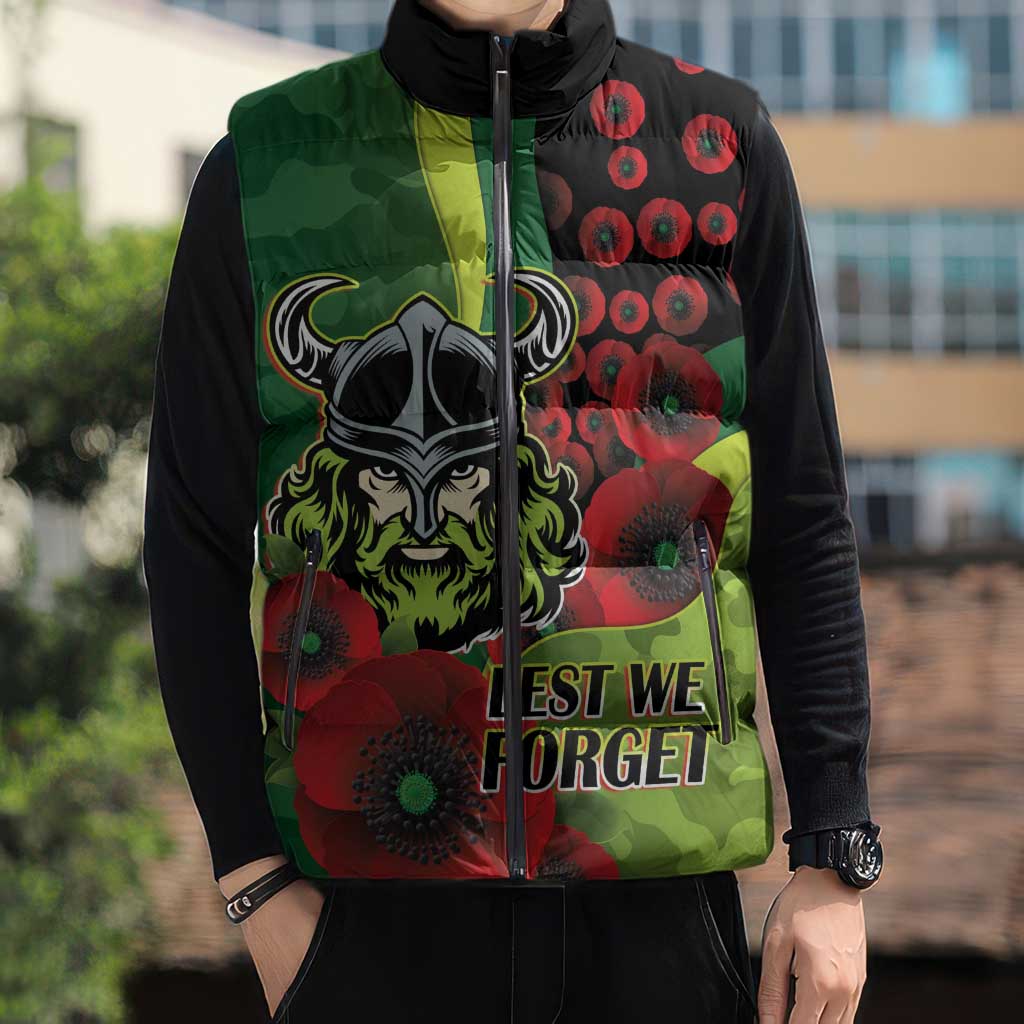 Canberra Raiders ANZAC Personalised Sleeveless Puffer Jacket Lest We Forget Poppy Camo