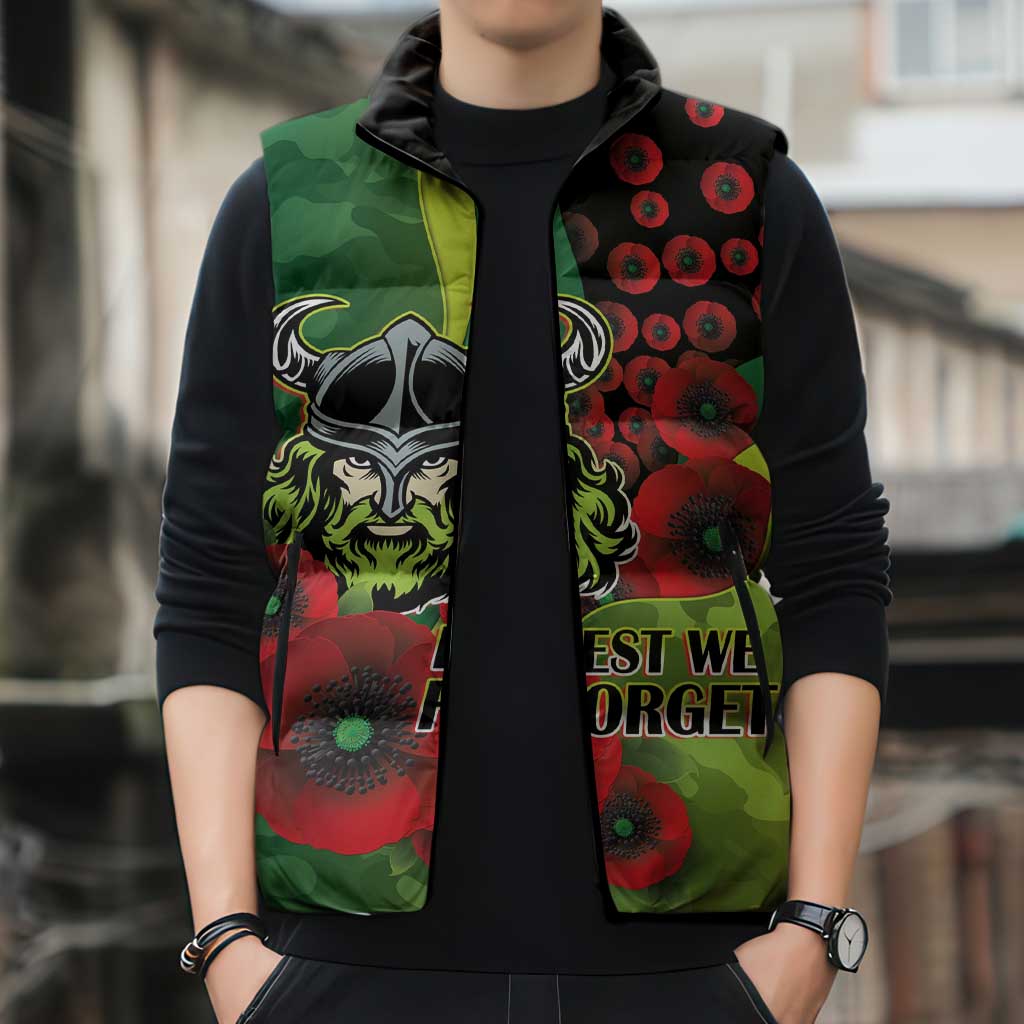 Canberra Raiders ANZAC Personalised Sleeveless Puffer Jacket Lest We Forget Poppy Camo
