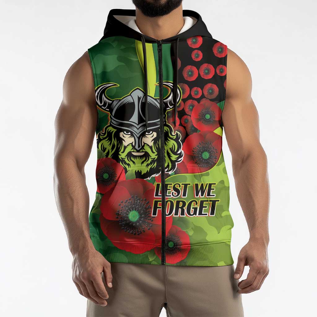 Canberra Raiders ANZAC Personalised Sleeveless Zip Hoodie Lest We Forget Poppy Camo