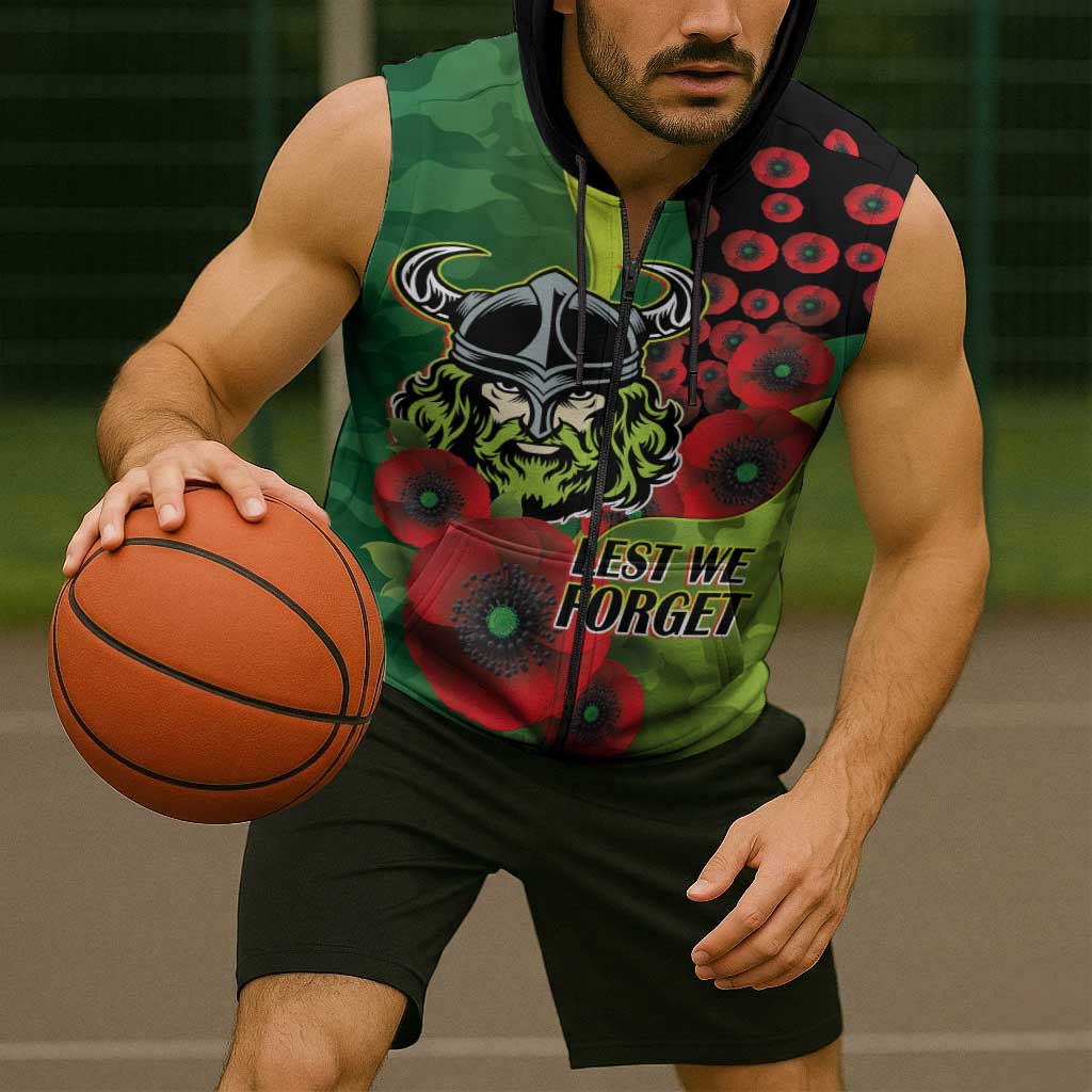 Canberra Raiders ANZAC Personalised Sleeveless Zip Hoodie Lest We Forget Poppy Camo