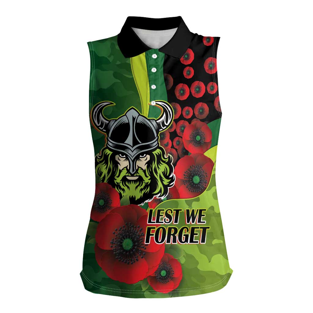 Canberra Raiders ANZAC Personalised Women Sleeveless Polo Shirt Lest We Forget Poppy Camo