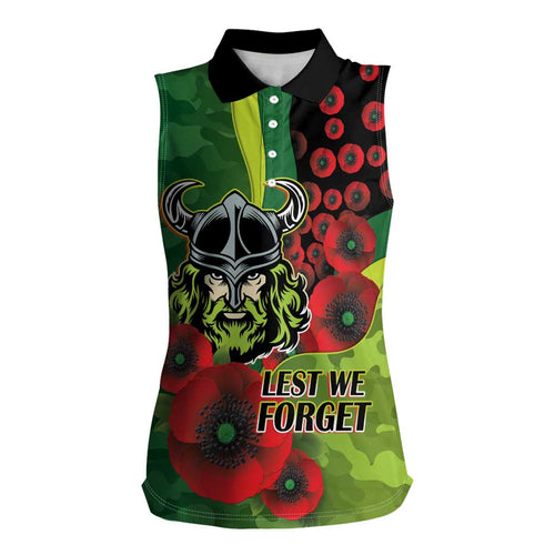 Canberra Raiders ANZAC Personalised Women Sleeveless Polo Shirt Lest We Forget Poppy Camo