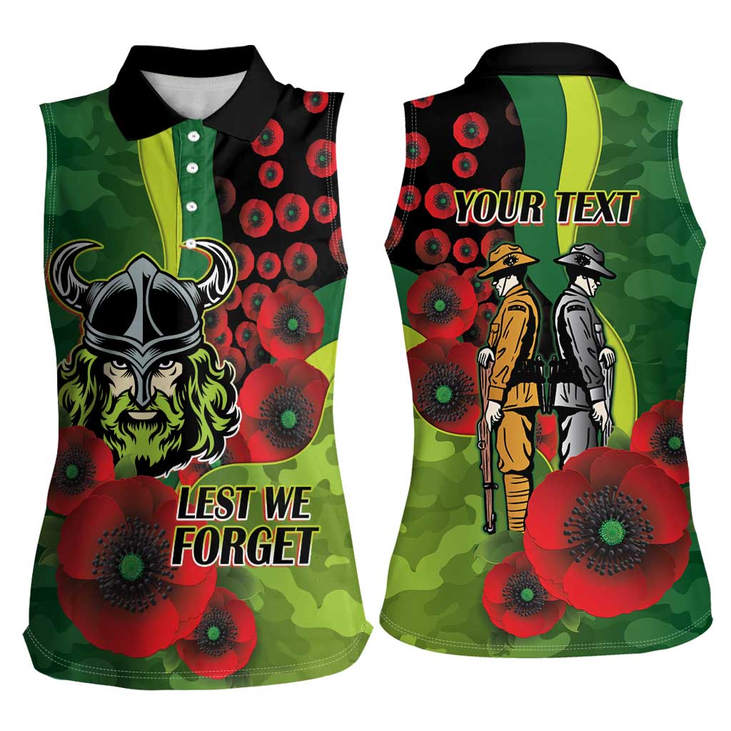 Canberra Raiders ANZAC Personalised Women Sleeveless Polo Shirt Lest We Forget Poppy Camo