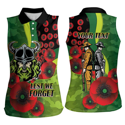 Canberra Raiders ANZAC Personalised Women Sleeveless Polo Shirt Lest We Forget Poppy Camo