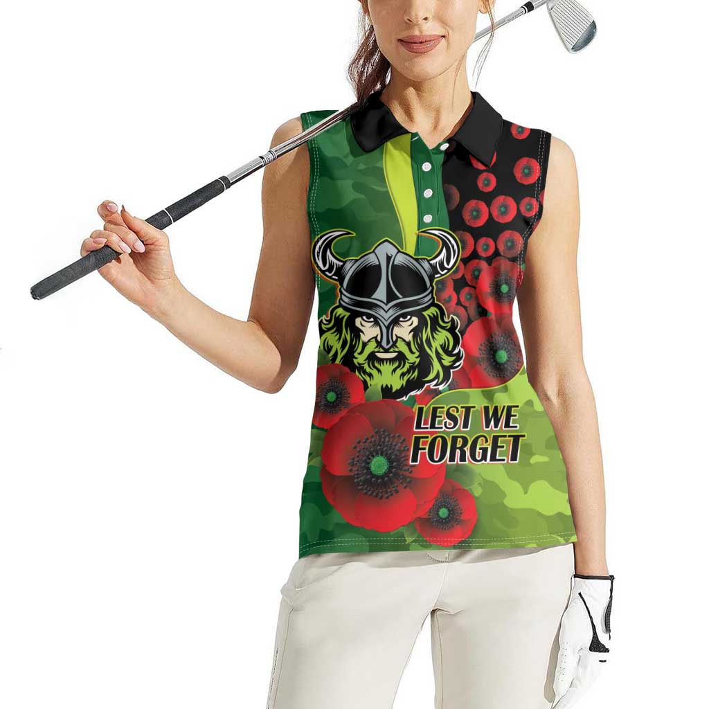 Canberra Raiders ANZAC Personalised Women Sleeveless Polo Shirt Lest We Forget Poppy Camo
