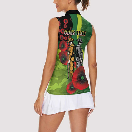 Canberra Raiders ANZAC Personalised Women Sleeveless Polo Shirt Lest We Forget Poppy Camo