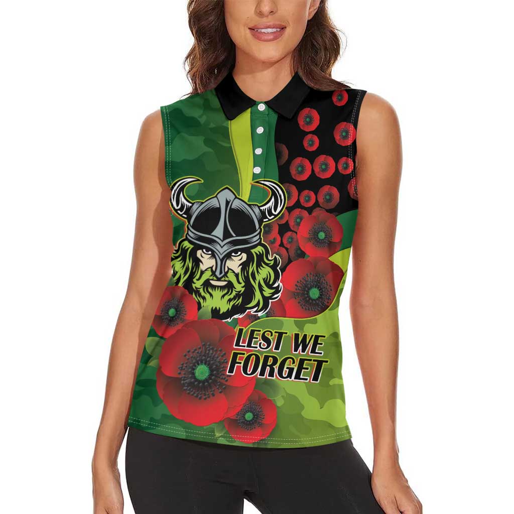 Canberra Raiders ANZAC Personalised Women Sleeveless Polo Shirt Lest We Forget Poppy Camo