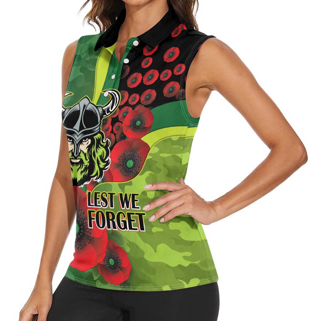 Canberra Raiders ANZAC Personalised Women Sleeveless Polo Shirt Lest We Forget Poppy Camo
