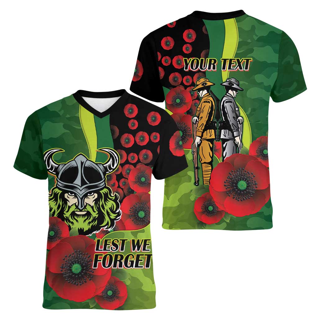 Canberra Raiders ANZAC Personalised Women V-Neck T-Shirt Lest We Forget Poppy Camo