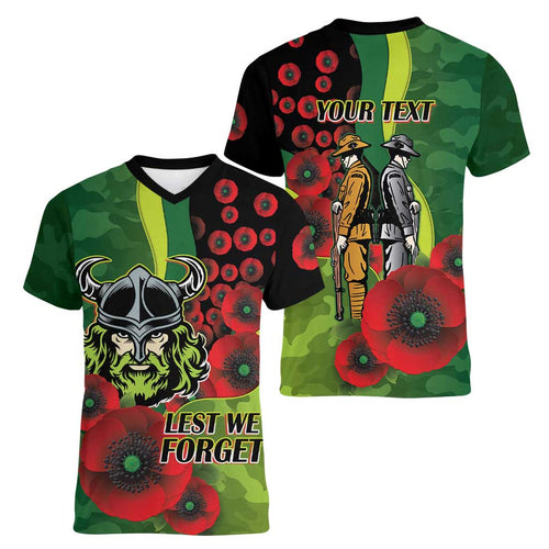 Canberra Raiders ANZAC Personalised Women V-Neck T-Shirt Lest We Forget Poppy Camo