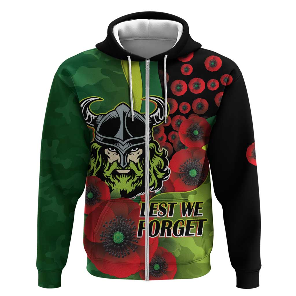 Canberra Raiders ANZAC Personalised Zip Hoodie Lest We Forget Poppy Camo
