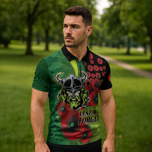 Canberra Raiders ANZAC Personalised Zipper Polo Shirt Lest We Forget Poppy Camo