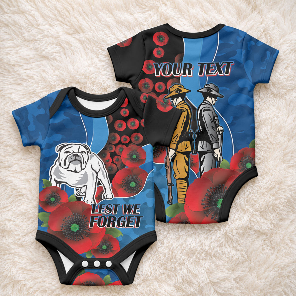 Canterbury-Bankstown Bulldogs ANZAC Personalised Baby Onesie Lest We Forget Poppy Camo