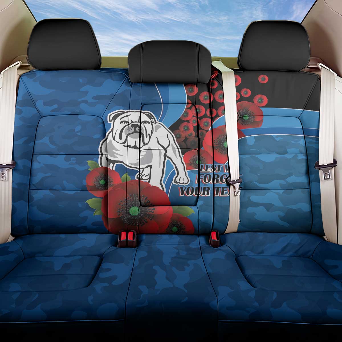 Canterbury-Bankstown Bulldogs ANZAC Personalised Back Car Seat Cover Lest We Forget Poppy Camo