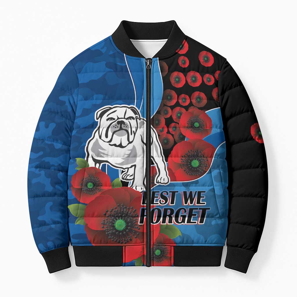 Canterbury-Bankstown Bulldogs ANZAC Personalised Bomber Puffer Jacket Lest We Forget Poppy Camo