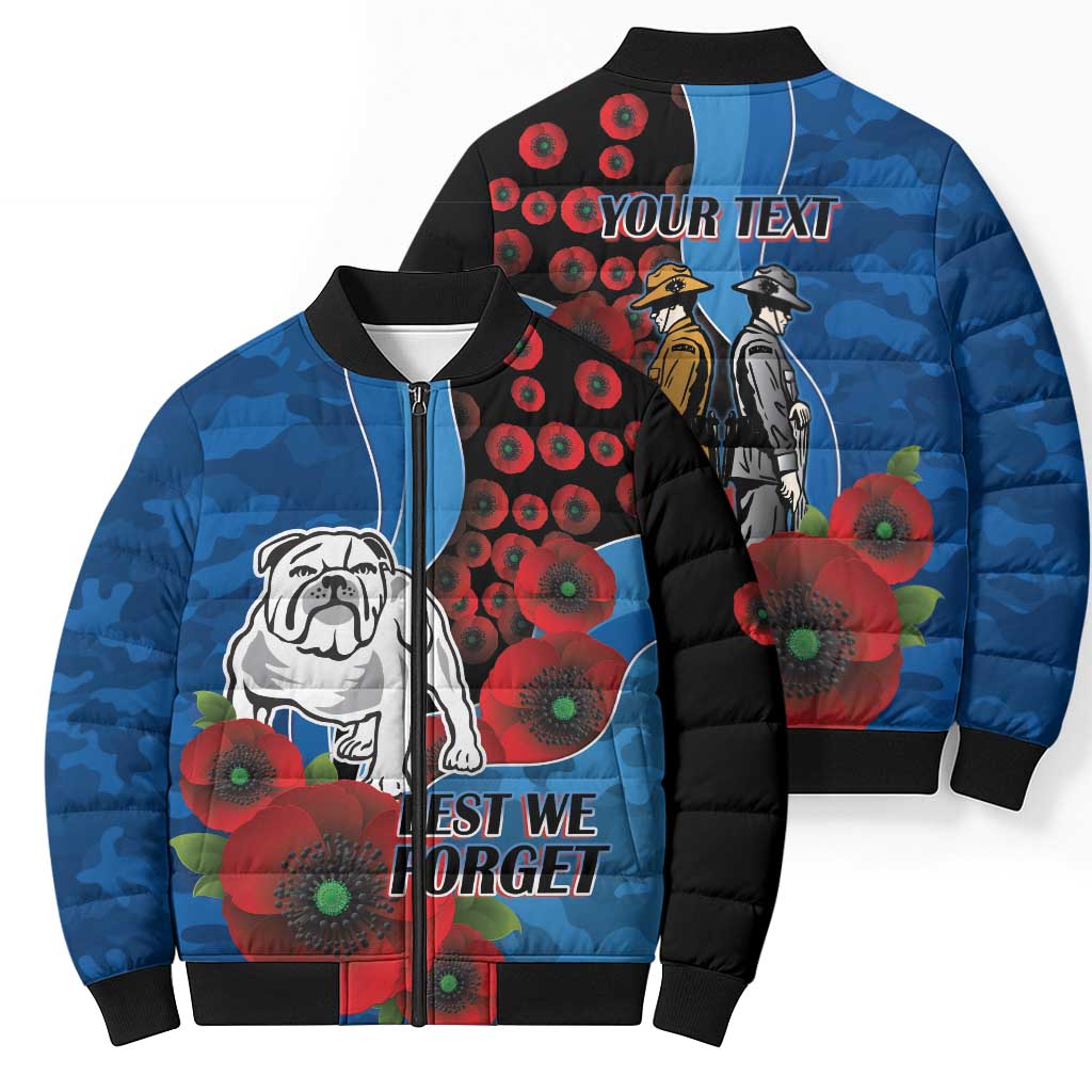 Canterbury-Bankstown Bulldogs ANZAC Personalised Bomber Puffer Jacket Lest We Forget Poppy Camo