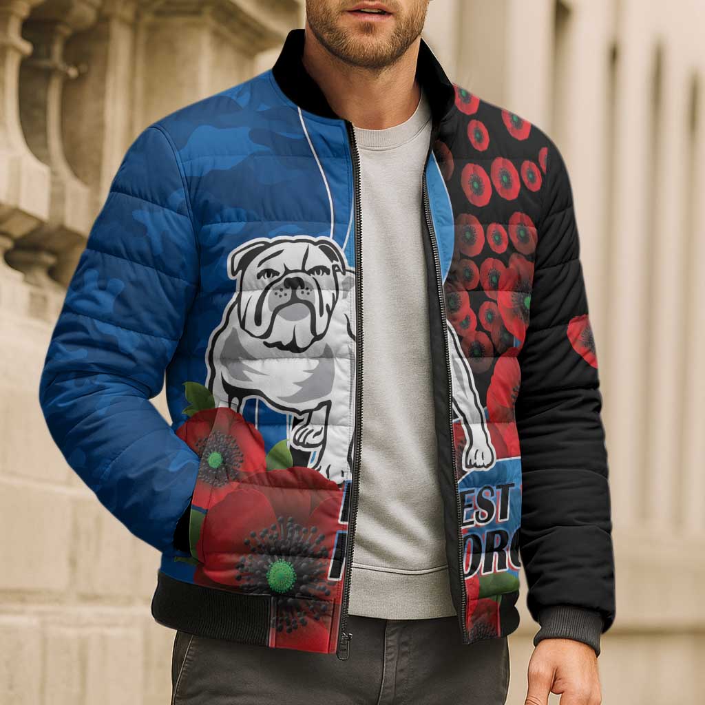 Canterbury-Bankstown Bulldogs ANZAC Personalised Bomber Puffer Jacket Lest We Forget Poppy Camo