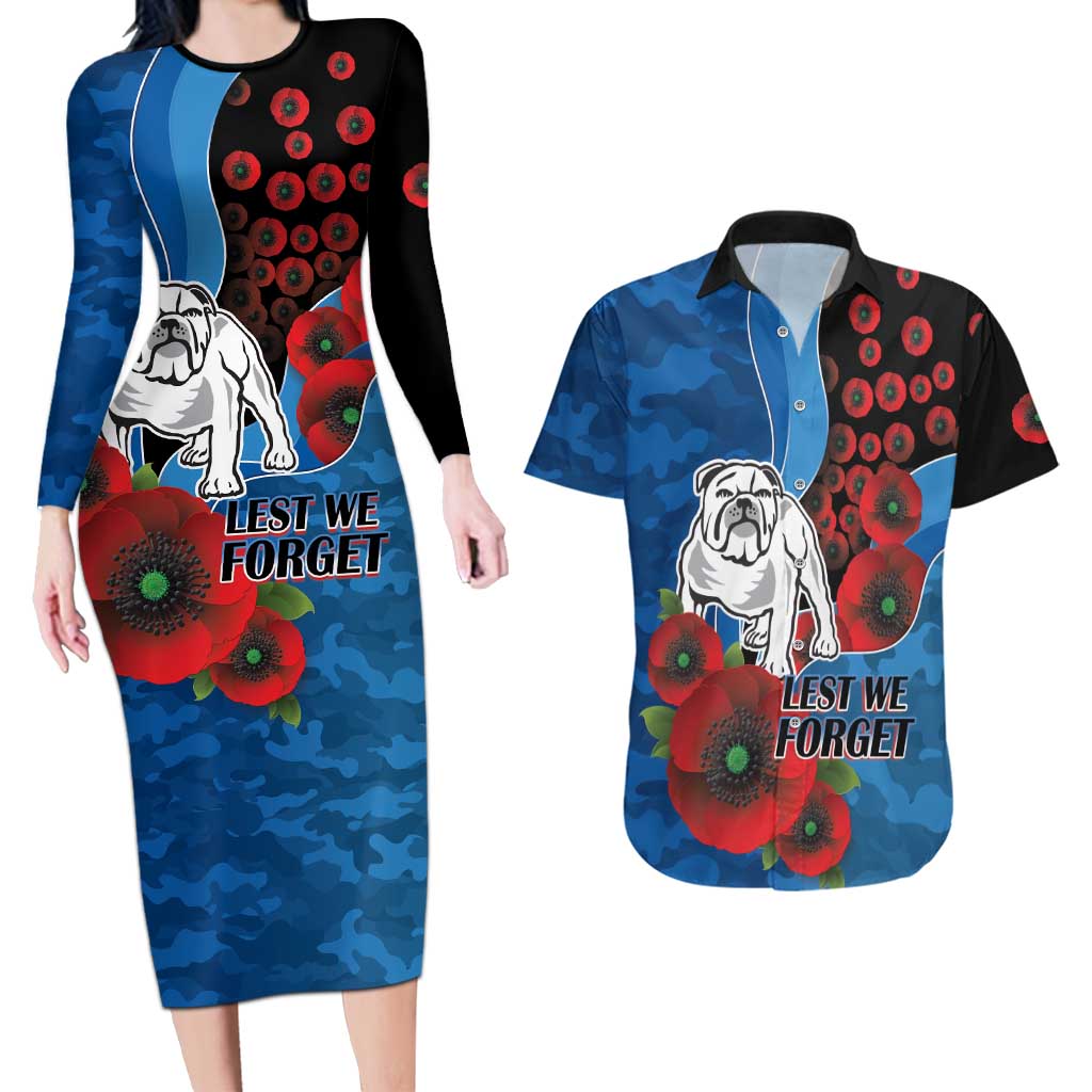 Canterbury-Bankstown Bulldogs ANZAC Personalised Couples Matching Long Sleeve Bodycon Dress and Hawaiian Shirt Lest We Forget Poppy Camo