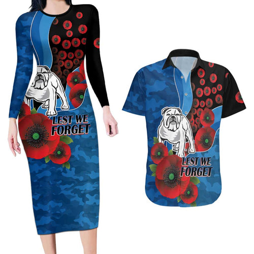 Canterbury-Bankstown Bulldogs ANZAC Personalised Couples Matching Long Sleeve Bodycon Dress and Hawaiian Shirt Lest We Forget Poppy Camo