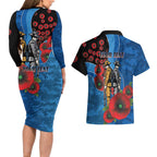 Canterbury-Bankstown Bulldogs ANZAC Personalised Couples Matching Long Sleeve Bodycon Dress and Hawaiian Shirt Lest We Forget Poppy Camo