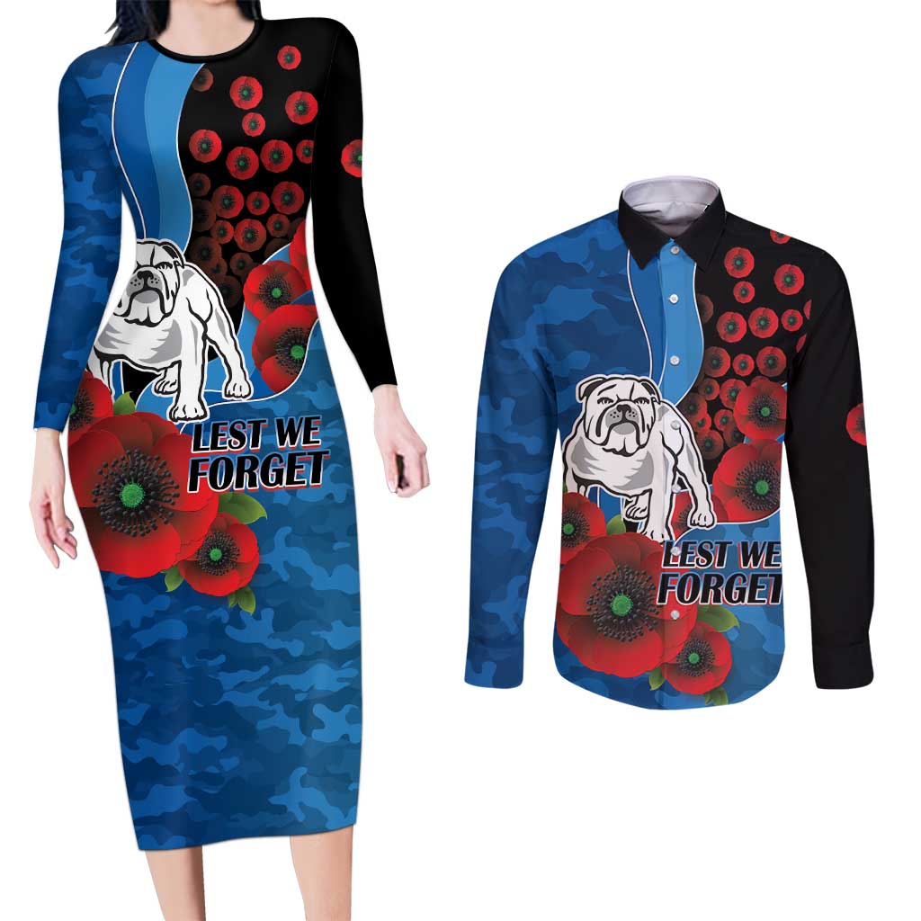 Canterbury-Bankstown Bulldogs ANZAC Personalised Couples Matching Long Sleeve Bodycon Dress and Long Sleeve Button Shirt Lest We Forget Poppy Camo
