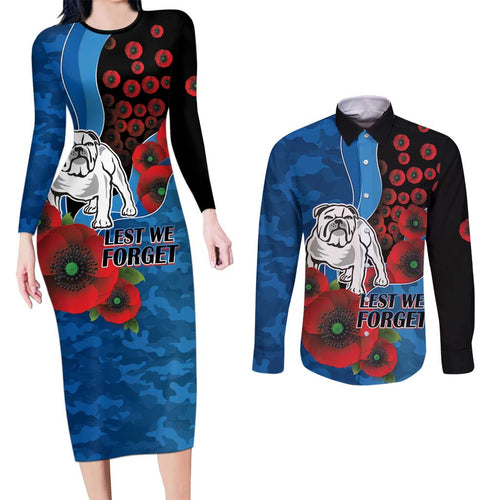Canterbury-Bankstown Bulldogs ANZAC Personalised Couples Matching Long Sleeve Bodycon Dress and Long Sleeve Button Shirt Lest We Forget Poppy Camo