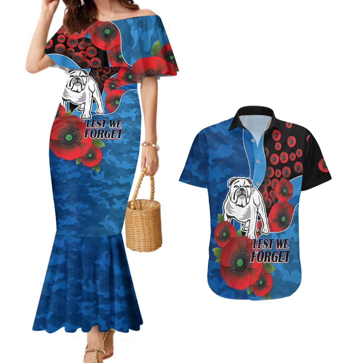 Canterbury-Bankstown Bulldogs ANZAC Personalised Couples Matching Mermaid Dress and Hawaiian Shirt Lest We Forget Poppy Camo