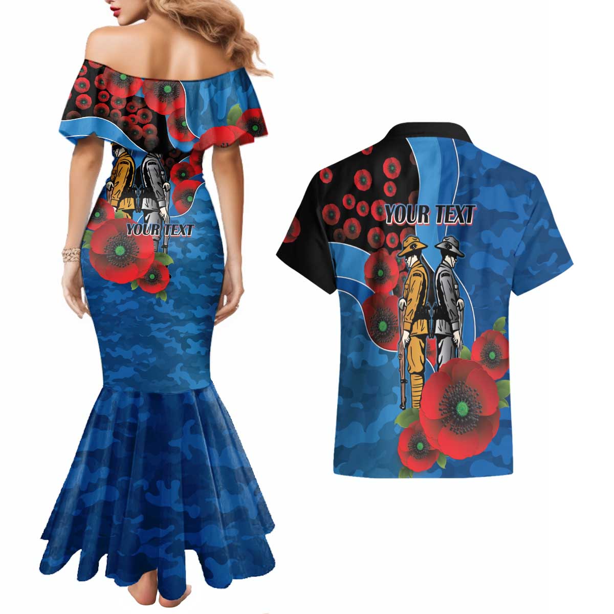 Canterbury-Bankstown Bulldogs ANZAC Personalised Couples Matching Mermaid Dress and Hawaiian Shirt Lest We Forget Poppy Camo