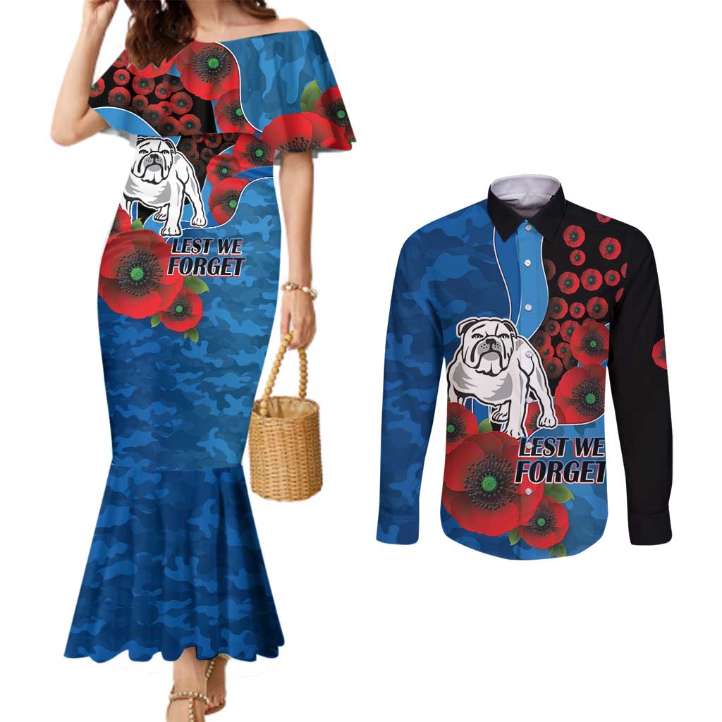 Canterbury-Bankstown Bulldogs ANZAC Personalised Couples Matching Mermaid Dress and Long Sleeve Button Shirt Lest We Forget Poppy Camo