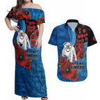 Canterbury-Bankstown Bulldogs ANZAC Personalised Couples Matching Off Shoulder Maxi Dress and Hawaiian Shirt Lest We Forget Poppy Camo