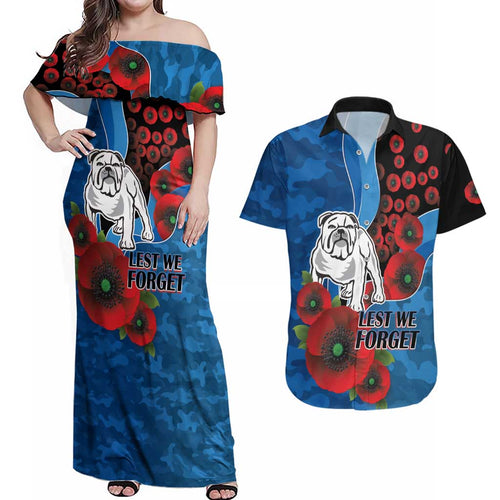 Canterbury-Bankstown Bulldogs ANZAC Personalised Couples Matching Off Shoulder Maxi Dress and Hawaiian Shirt Lest We Forget Poppy Camo