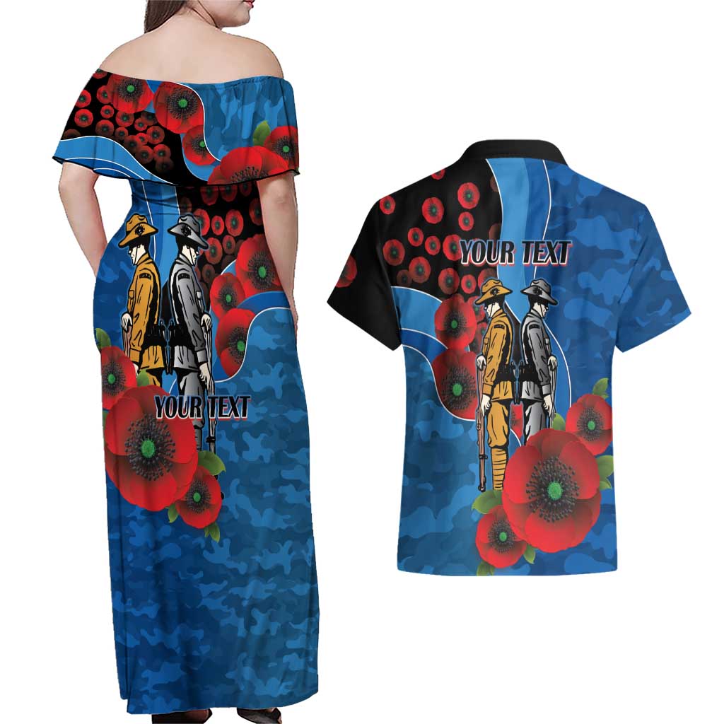Canterbury-Bankstown Bulldogs ANZAC Personalised Couples Matching Off Shoulder Maxi Dress and Hawaiian Shirt Lest We Forget Poppy Camo