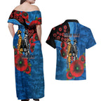 Canterbury-Bankstown Bulldogs ANZAC Personalised Couples Matching Off Shoulder Maxi Dress and Hawaiian Shirt Lest We Forget Poppy Camo