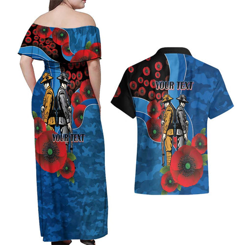 Canterbury-Bankstown Bulldogs ANZAC Personalised Couples Matching Off Shoulder Maxi Dress and Hawaiian Shirt Lest We Forget Poppy Camo
