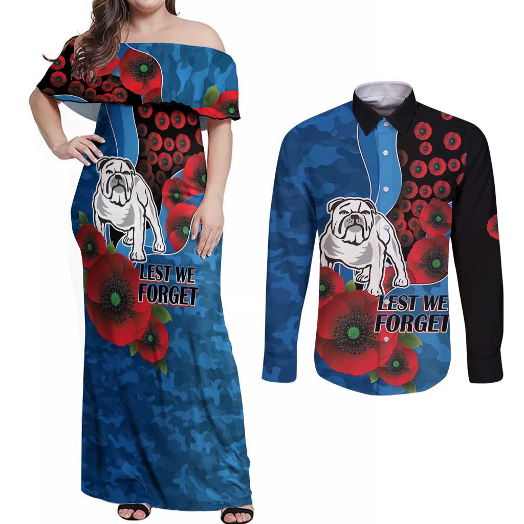 Canterbury-Bankstown Bulldogs ANZAC Personalised Couples Matching Off Shoulder Maxi Dress and Long Sleeve Button Shirt Lest We Forget Poppy Camo