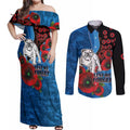 Canterbury-Bankstown Bulldogs ANZAC Personalised Couples Matching Off Shoulder Maxi Dress and Long Sleeve Button Shirt Lest We Forget Poppy Camo