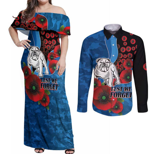 Canterbury-Bankstown Bulldogs ANZAC Personalised Couples Matching Off Shoulder Maxi Dress and Long Sleeve Button Shirt Lest We Forget Poppy Camo