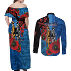 Canterbury-Bankstown Bulldogs ANZAC Personalised Couples Matching Off Shoulder Maxi Dress and Long Sleeve Button Shirt Lest We Forget Poppy Camo