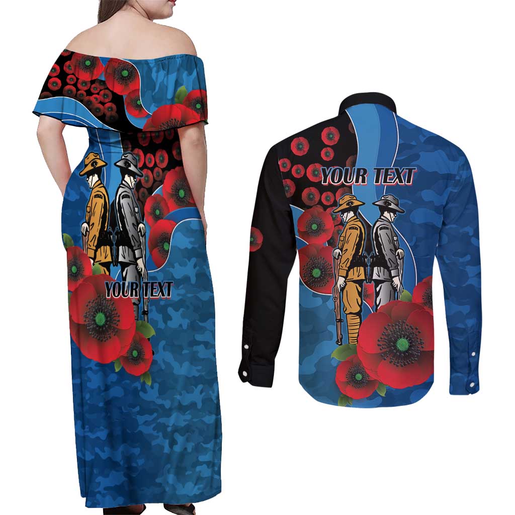 Canterbury-Bankstown Bulldogs ANZAC Personalised Couples Matching Off Shoulder Maxi Dress and Long Sleeve Button Shirt Lest We Forget Poppy Camo