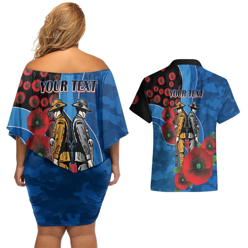 Canterbury-Bankstown Bulldogs ANZAC Personalised Couples Matching Off Shoulder Short Dress and Hawaiian Shirt Lest We Forget Poppy Camo