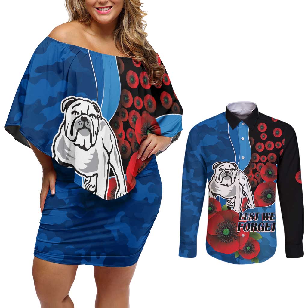 Canterbury-Bankstown Bulldogs ANZAC Personalised Couples Matching Off Shoulder Short Dress and Long Sleeve Button Shirt Lest We Forget Poppy Camo