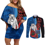 Canterbury-Bankstown Bulldogs ANZAC Personalised Couples Matching Off Shoulder Short Dress and Long Sleeve Button Shirt Lest We Forget Poppy Camo