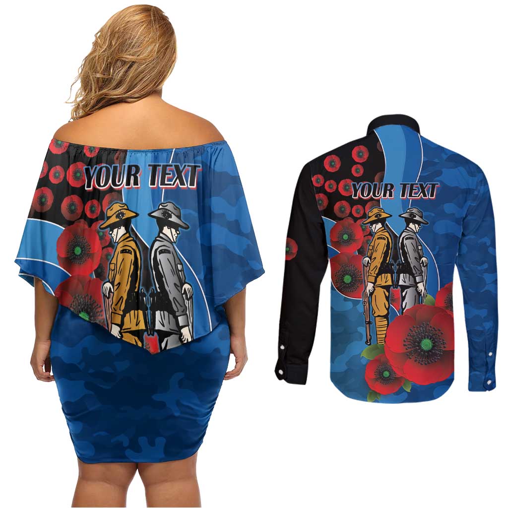 Canterbury-Bankstown Bulldogs ANZAC Personalised Couples Matching Off Shoulder Short Dress and Long Sleeve Button Shirt Lest We Forget Poppy Camo