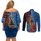 Canterbury-Bankstown Bulldogs ANZAC Personalised Couples Matching Off Shoulder Short Dress and Long Sleeve Button Shirt Lest We Forget Poppy Camo