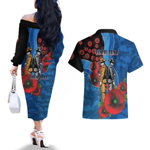Canterbury-Bankstown Bulldogs ANZAC Personalised Couples Matching Off The Shoulder Long Sleeve Dress and Hawaiian Shirt Lest We Forget Poppy Camo