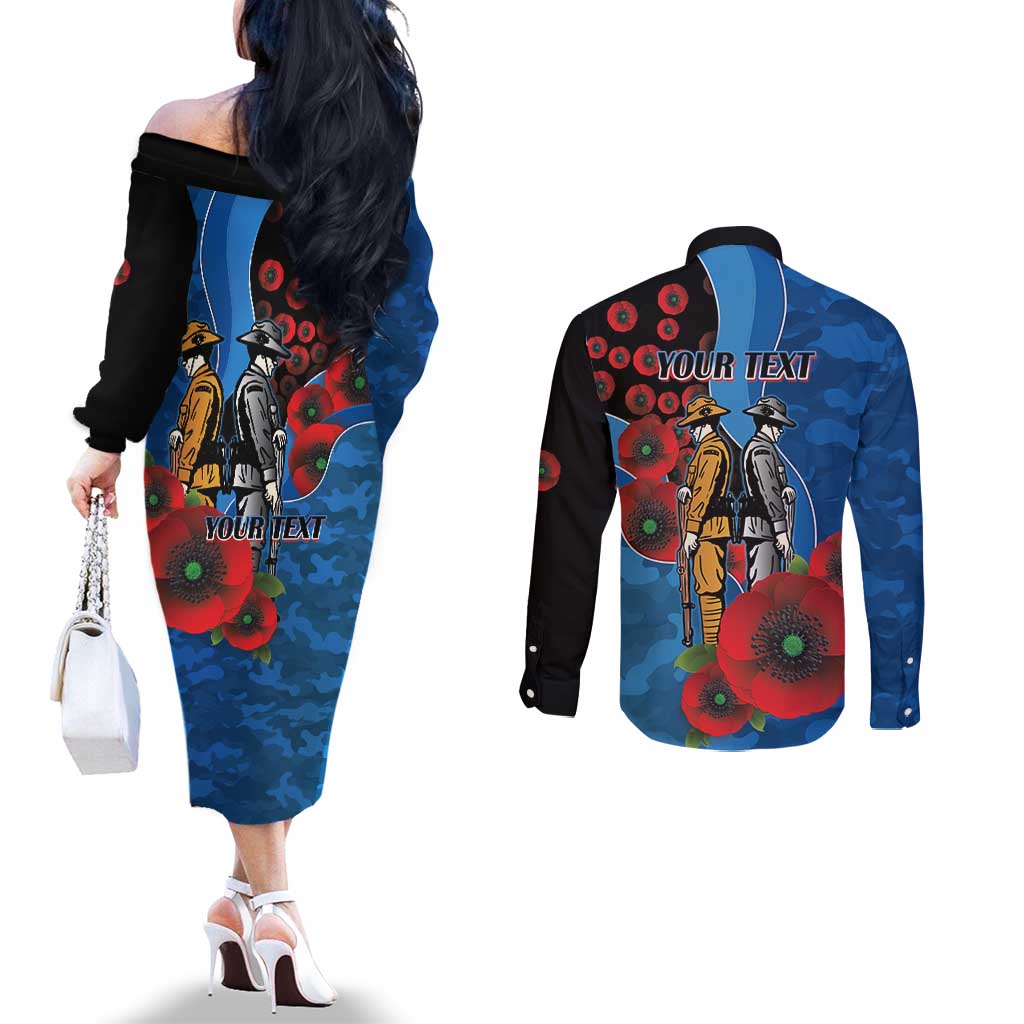 Canterbury-Bankstown Bulldogs ANZAC Personalised Couples Matching Off The Shoulder Long Sleeve Dress and Long Sleeve Button Shirt Lest We Forget Poppy Camo