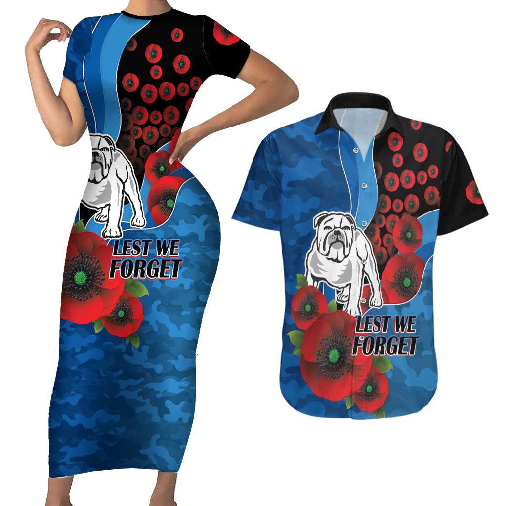 Canterbury-Bankstown Bulldogs ANZAC Personalised Couples Matching Short Sleeve Bodycon Dress and Hawaiian Shirt Lest We Forget Poppy Camo