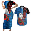 Canterbury-Bankstown Bulldogs ANZAC Personalised Couples Matching Short Sleeve Bodycon Dress and Hawaiian Shirt Lest We Forget Poppy Camo